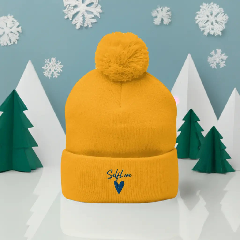 Self Love - Pom-Pom Beanie - Winter Beanie with Embroidery-3